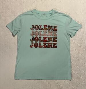 T-shirt featuring a retro stacked "JOLENE" inspired by Dolly Parton